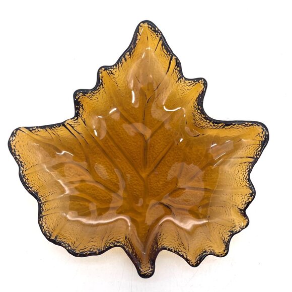 None Other - Amber Depression Glass Maple Leaf Shaped Candy Dish Bowl Ashtray Textured Finish
